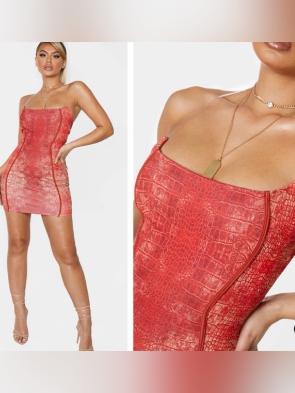 PrettyLittleThing Red Snakeskin Bodycon Mini Dress Clear Straps Sz 2 Fall Night
